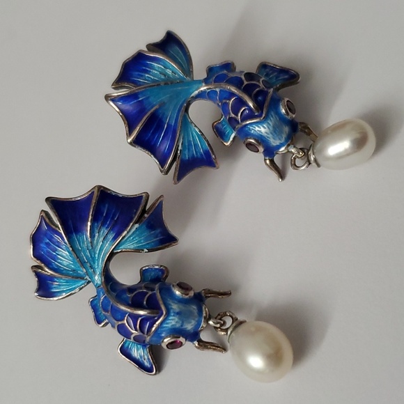 Watch Video / Sterling Silver 925 Enamel Mermaid Fish and Pearl Earrinngs